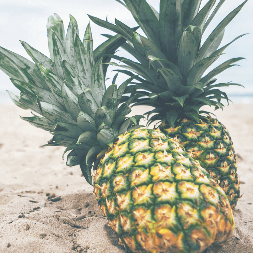 Two pineapples in the sand